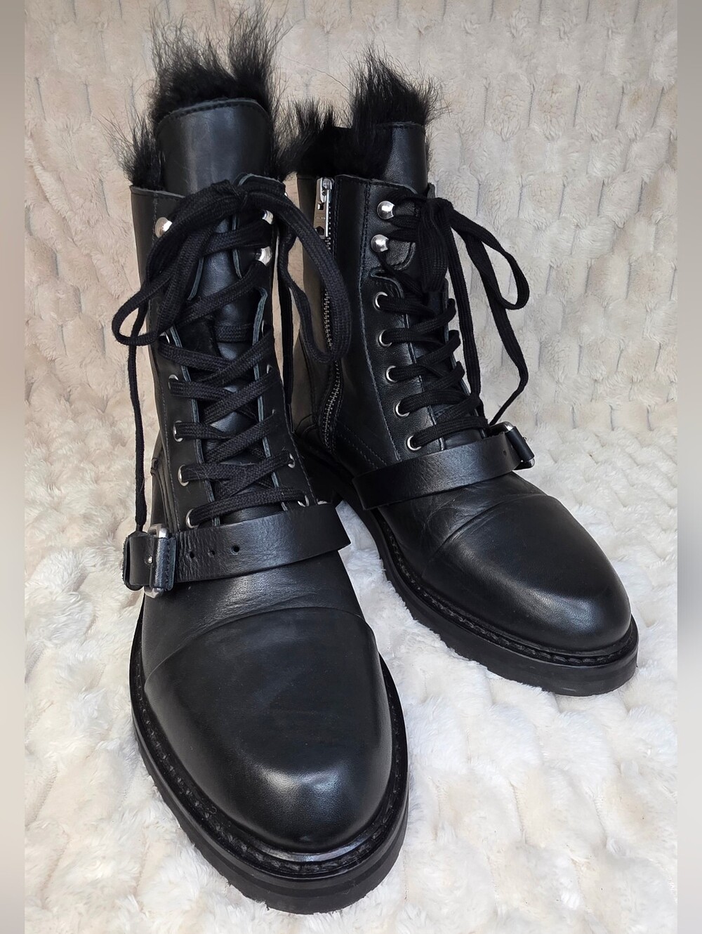 ALLSAINTS Black Leather Shearling Donita Combat Boots - Picture 6 of 11